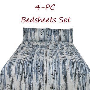 Printed Bed Sheets Set 4-pc Blue & Gray Streaks Full Queen King size